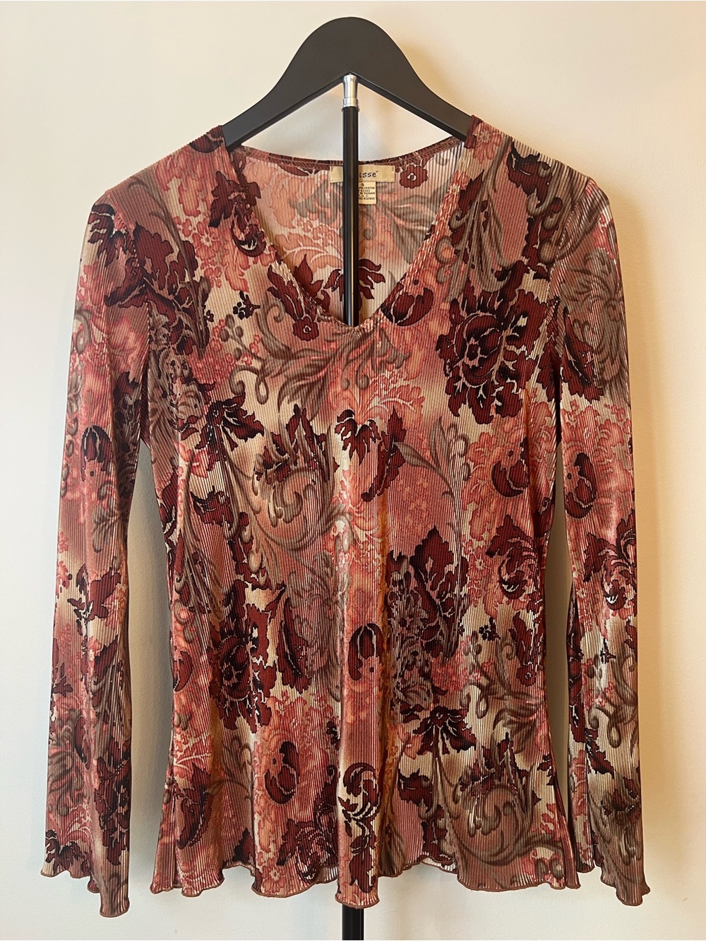Y2K Plissé Sheer Floral Long Sleeve Top Boho Fairy Grunge S - Picture 2 of 10